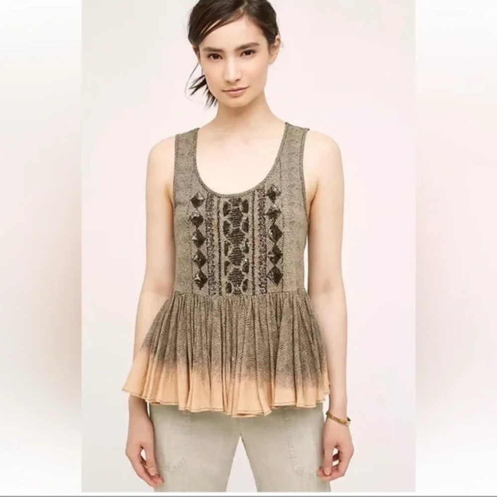 Anthropologie peasant Embellished Gray and Brown Peplum Tank Top